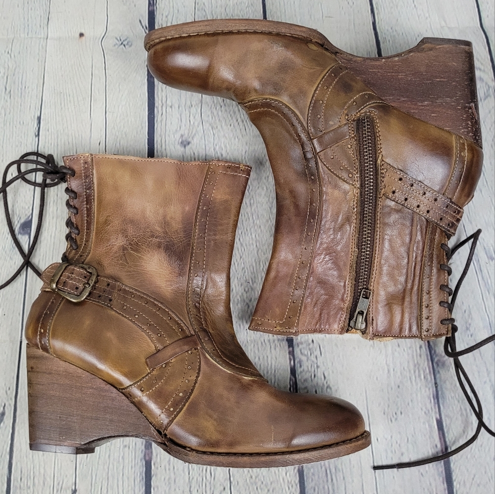 BED STU | Anabelle distressed leather lace-up heel side zip wedge boots